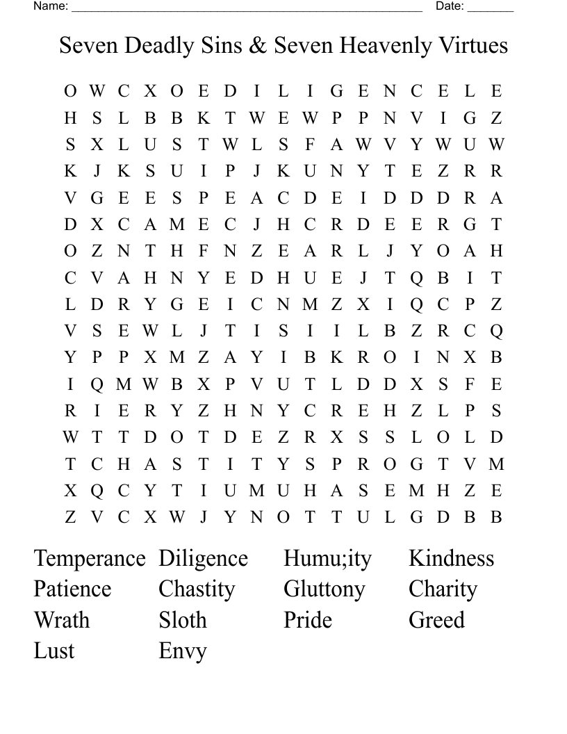 Seven Deadly Sins Seven Heavenly Virtues Word Search WordMint