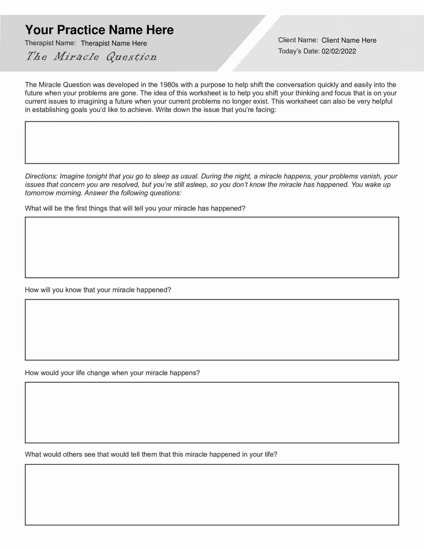 miracle question worksheet miracle question worksheet