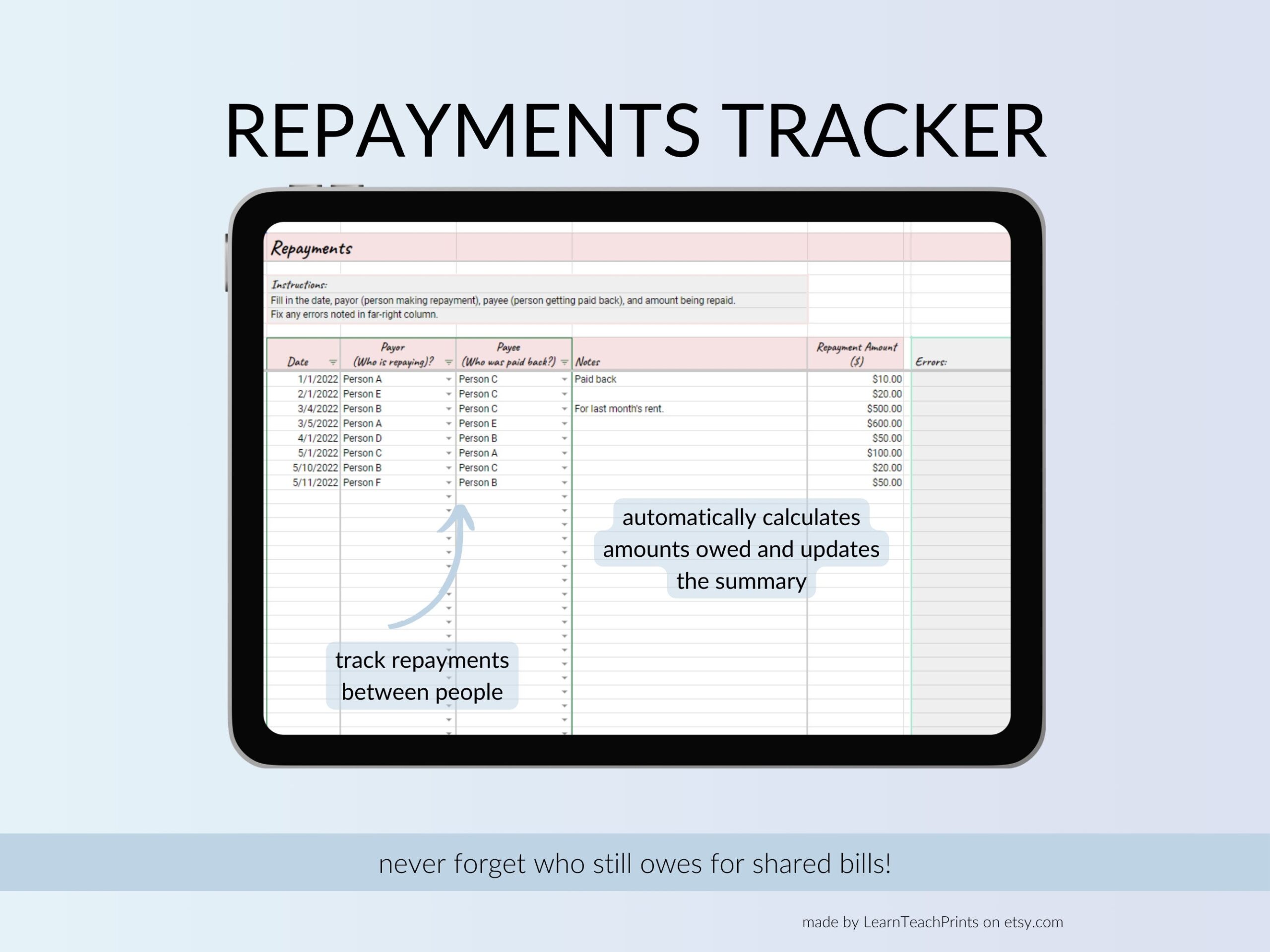 Shared Expenses Tracker Google Sheets Template instant Download Etsy