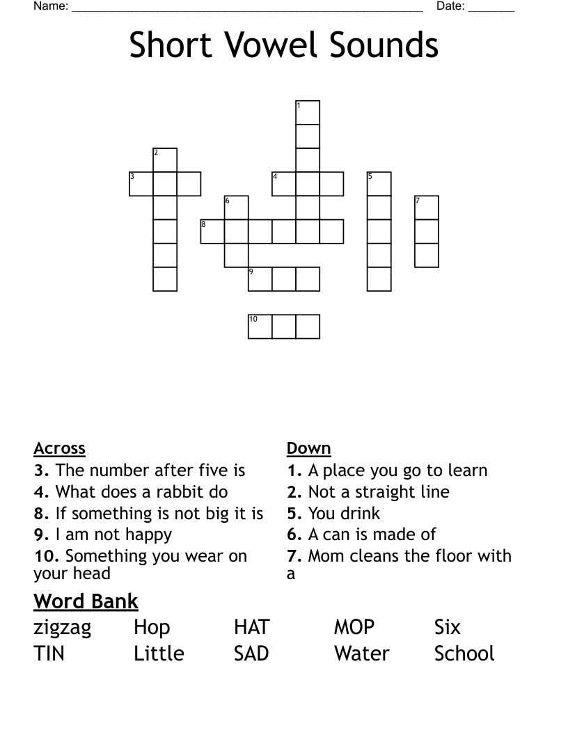Short Vowel Sounds Crossword WordMint