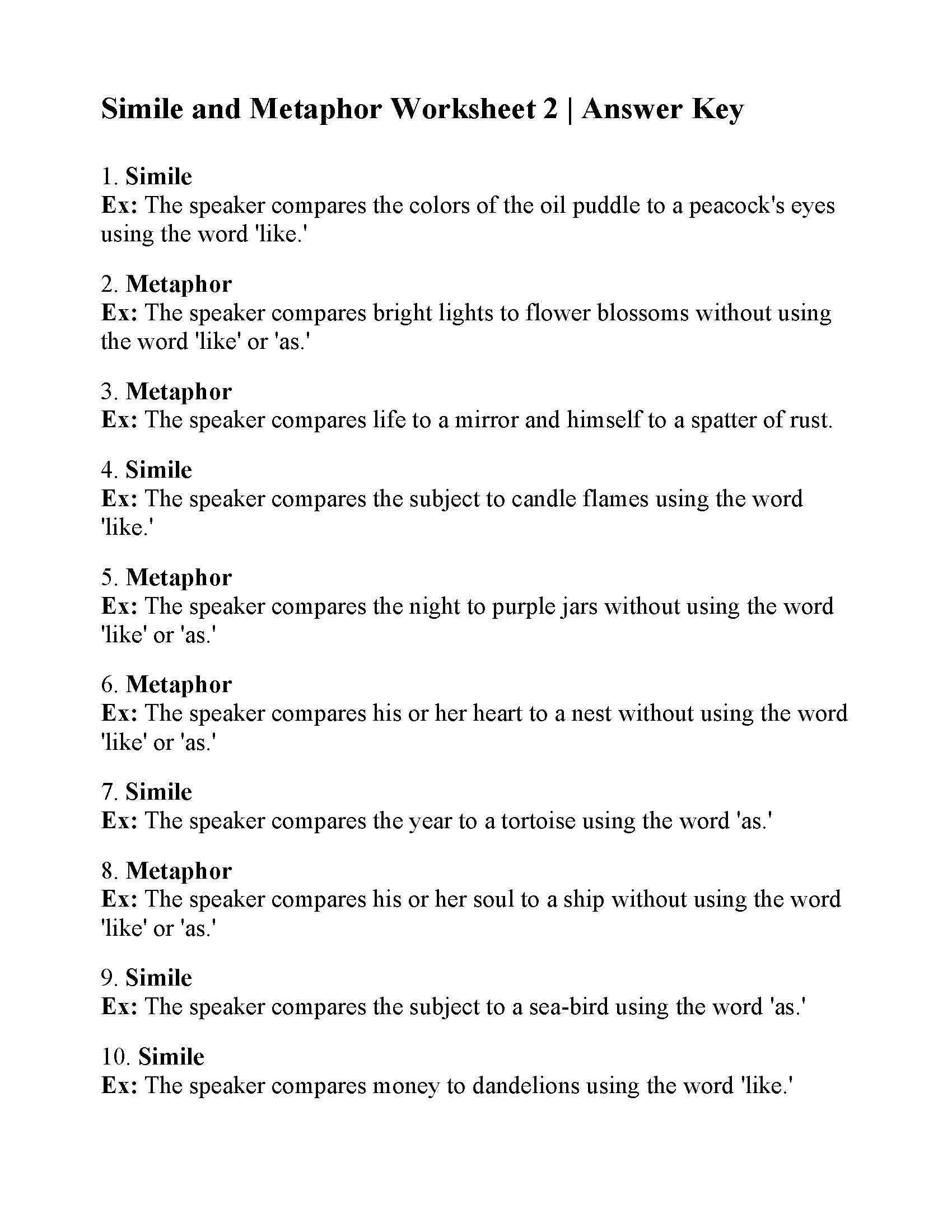similes and metaphors worksheets similes and metaphors worksheets