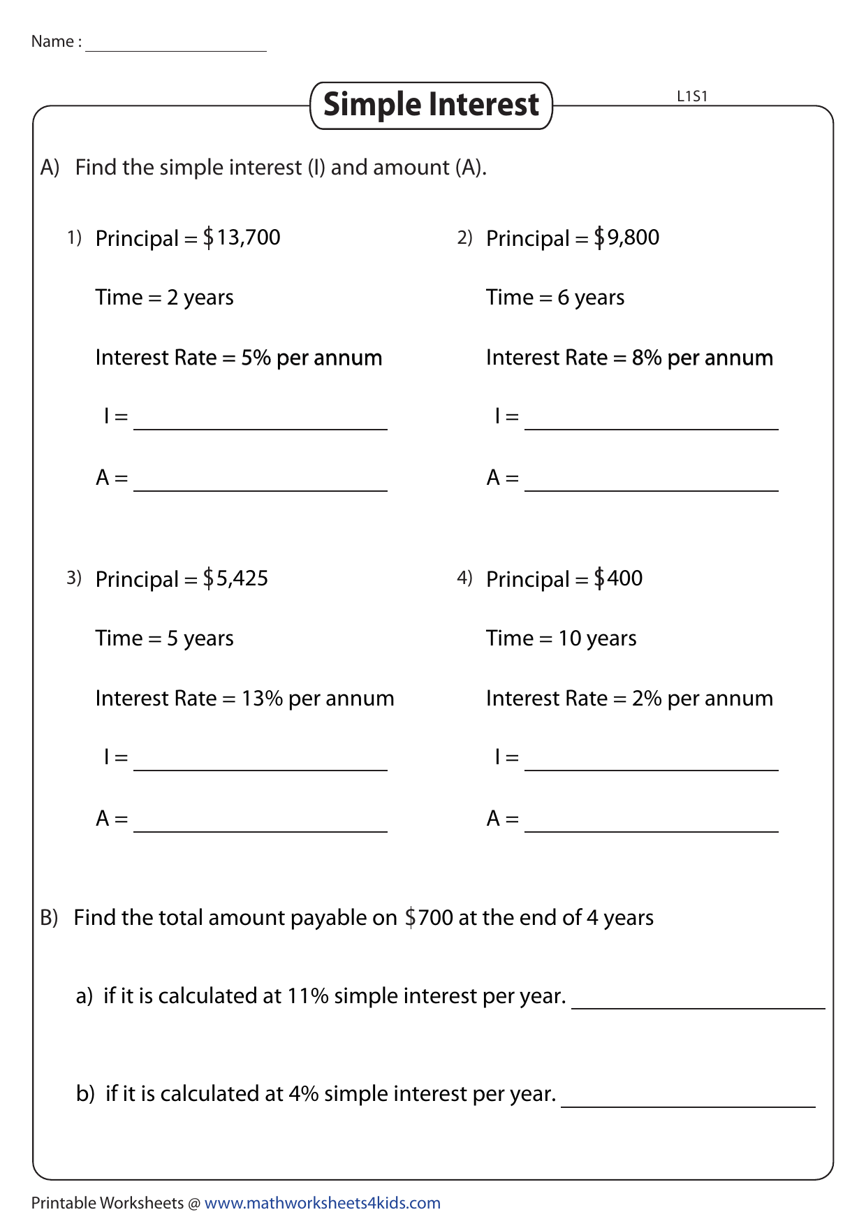 Simple Interest Math Worksheet