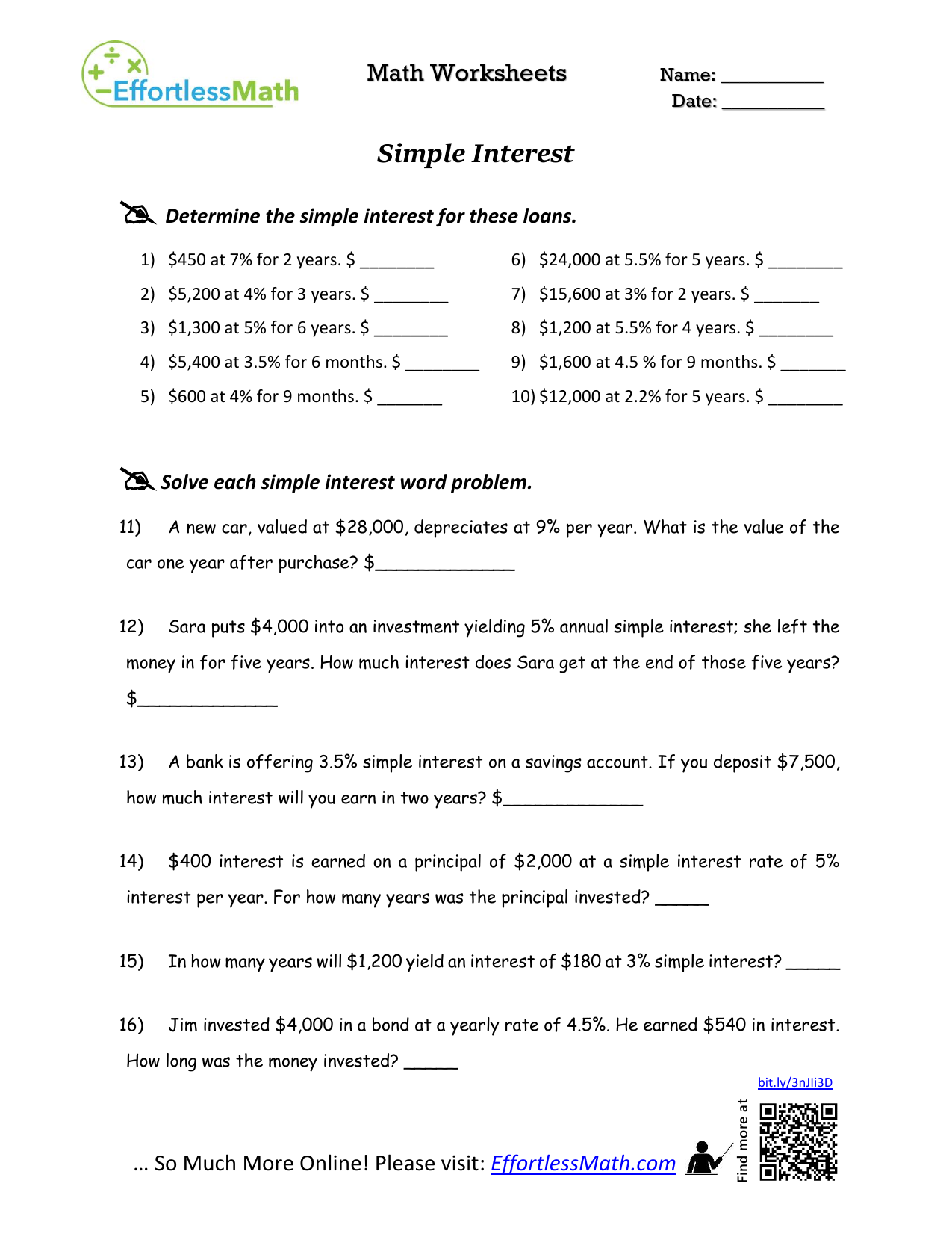 Simple Interest Worksheet Math Practice Problems
