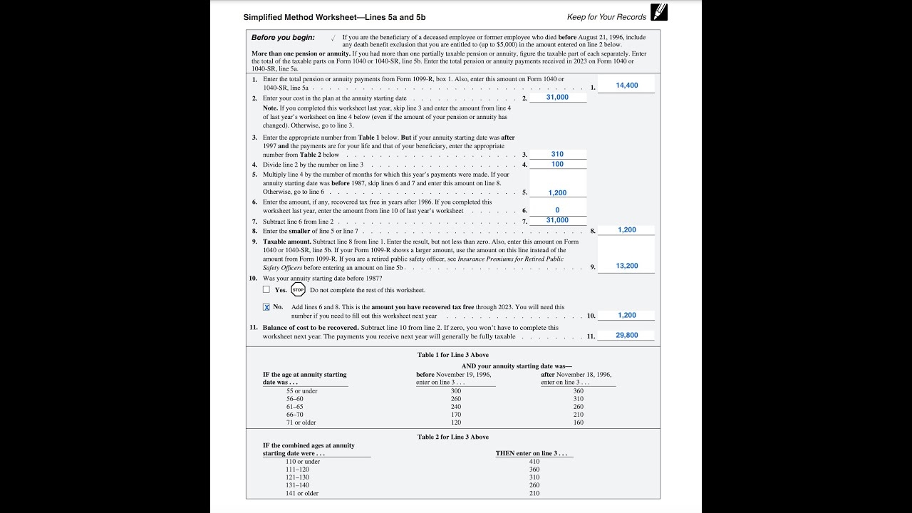 Simplified Method Worksheet Walkthrough IRS Form 1040 Lines 5a 5b YouTube