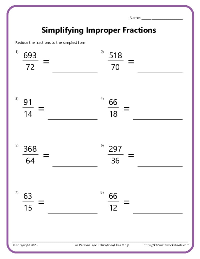 Simplifying Fractions Worksheets K12mathworksheets