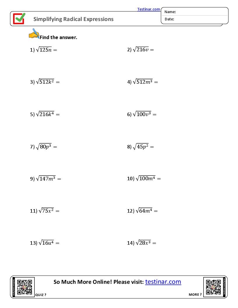simplify radicals worksheet simplify radicals worksheet