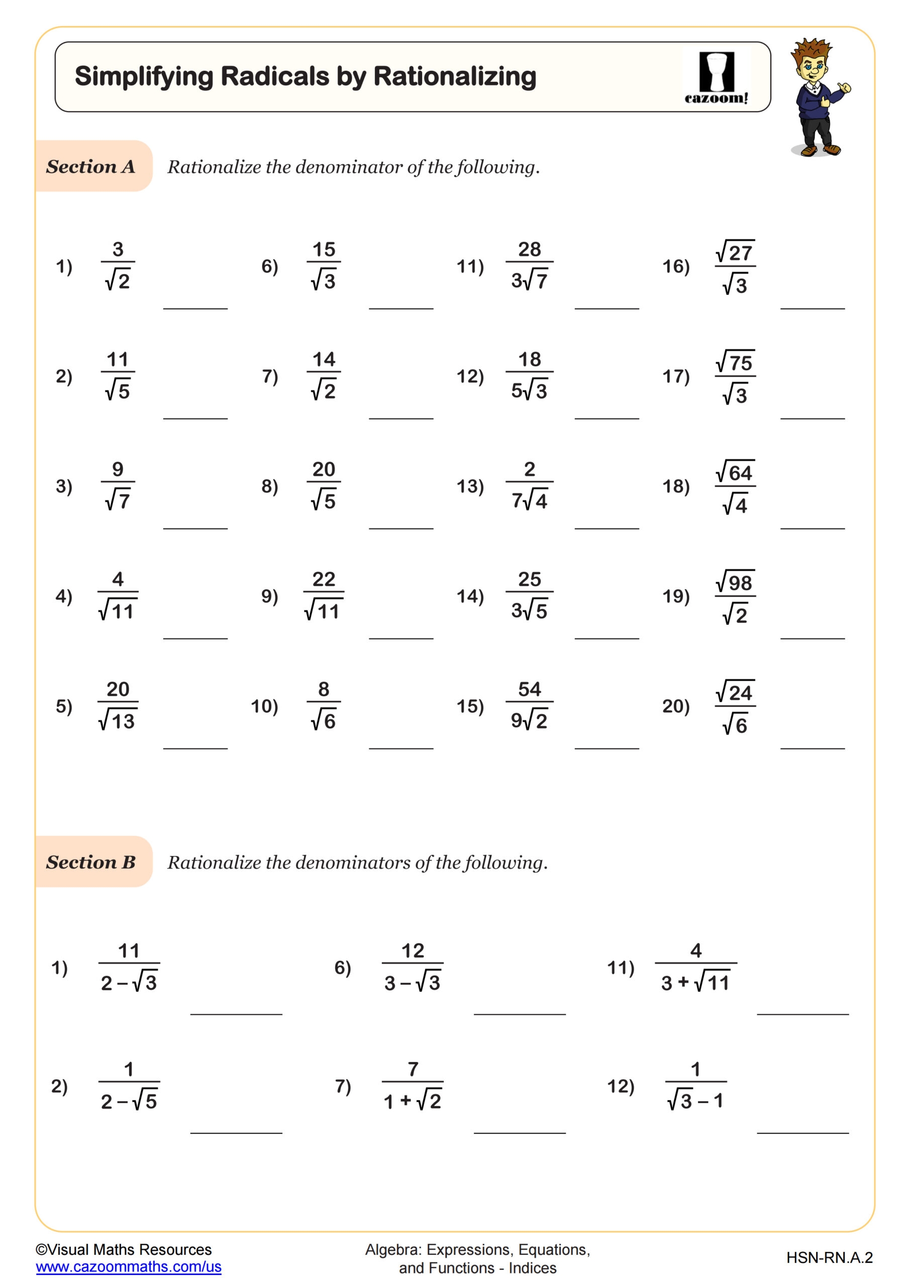 Simplifying Radicals By Rationalizing Worksheet PDF Printable Algebra Worksheet Cazoom Math Simplifying Radicals By Rationalizing Worksheet PDF Printable Algebra Worksheet Cazoom Math