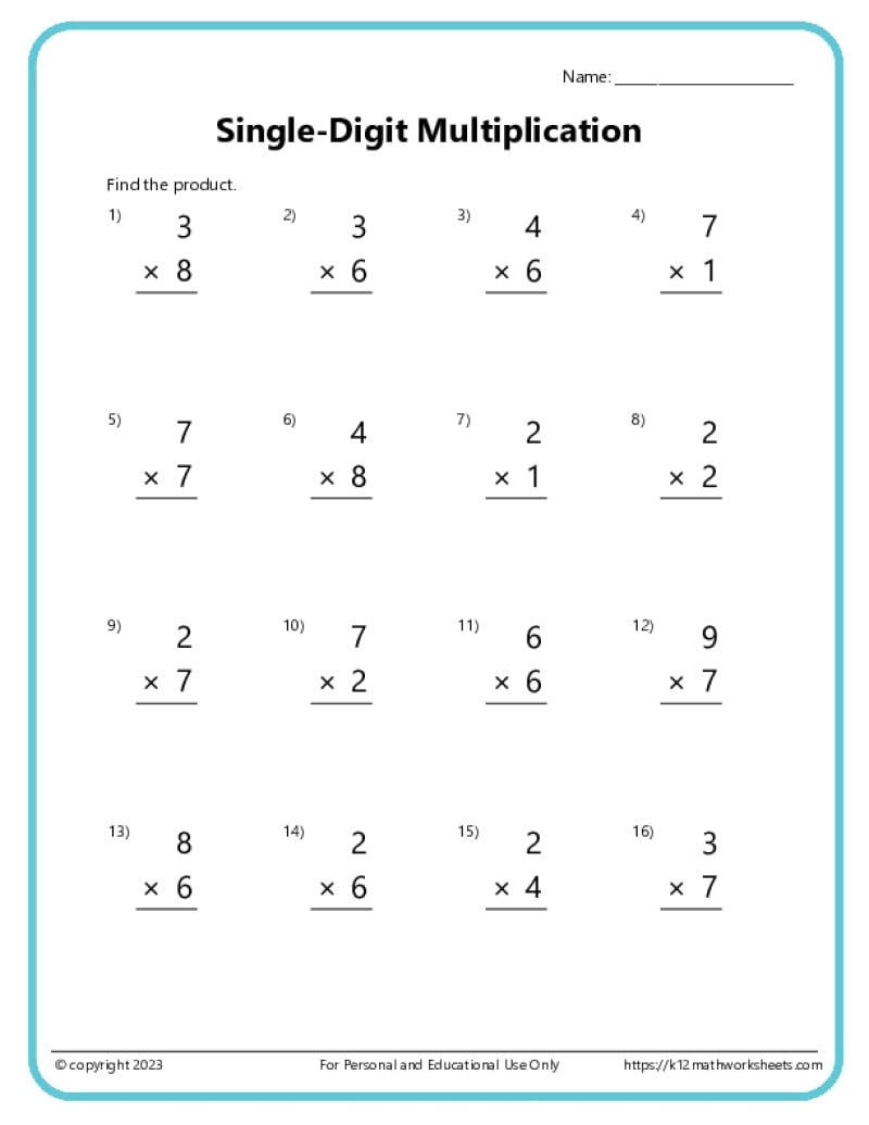 Single Digit Multiplication Worksheets