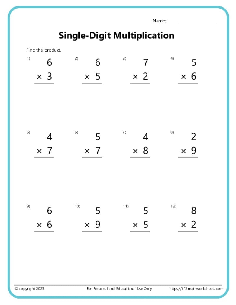 Single Digit Multiplication Worksheets