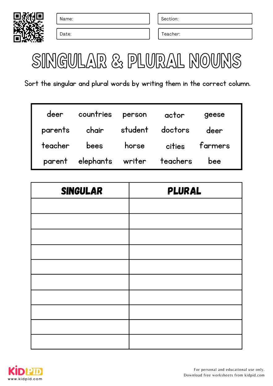 Singular And Plural Nouns Sorting Worksheets For Grade 2 Kidpid Singular And Plural Nouns Sorting Worksheets For Grade 2 Kidpid