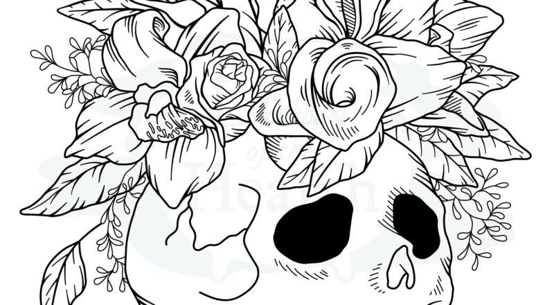 Skull With Flowers Printable Coloring Page Etsy
