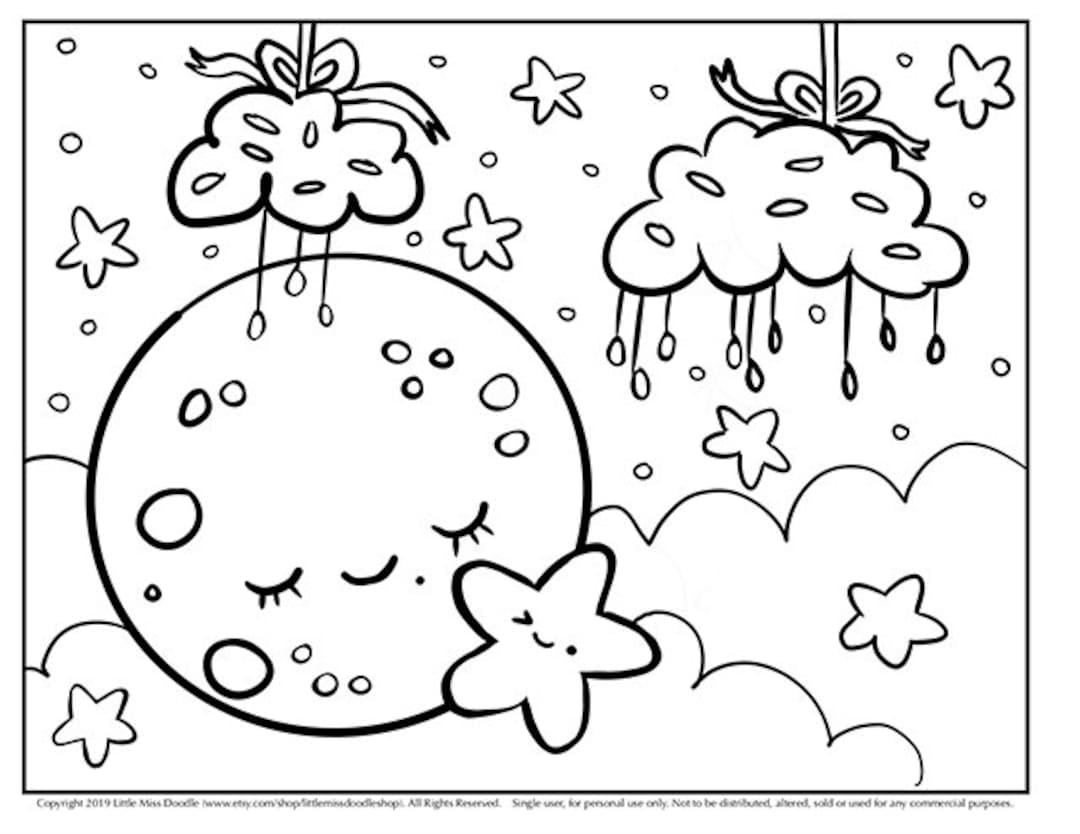 Sleepy Moon Doodle Printable Cute Kawaii Coloring Page For Kids And Adults Etsy