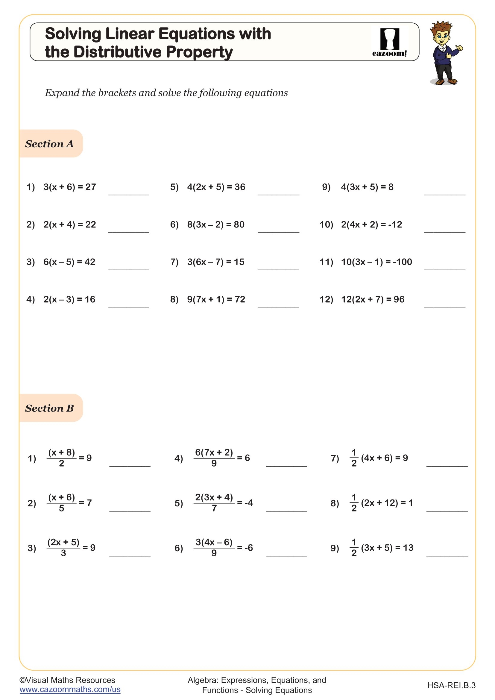 Solving Linear Equations With The Distributive Property Worksheet PDF Printable Algebra Worksheet Cazoom Math Solving Linear Equations With The Distributive Property Worksheet PDF Printable Algebra Worksheet Cazoom Math