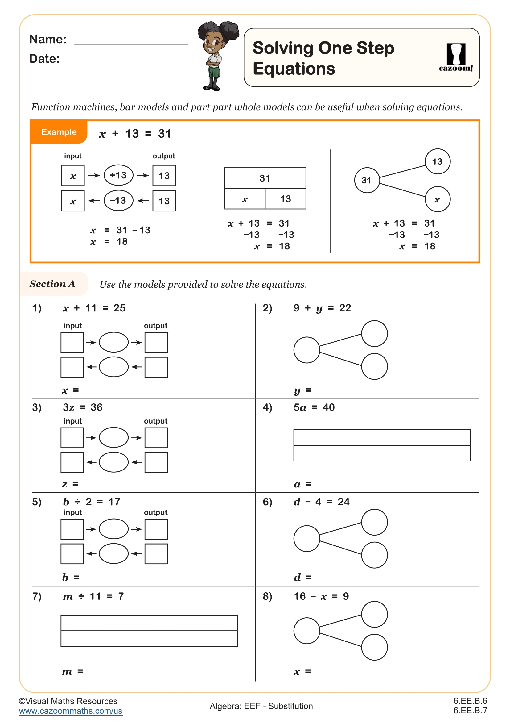 Solving One Step Equations Worksheet Fun And Engaging 6th Grade And 6th Grade Algebra EEF Worksheet Cazoom Math