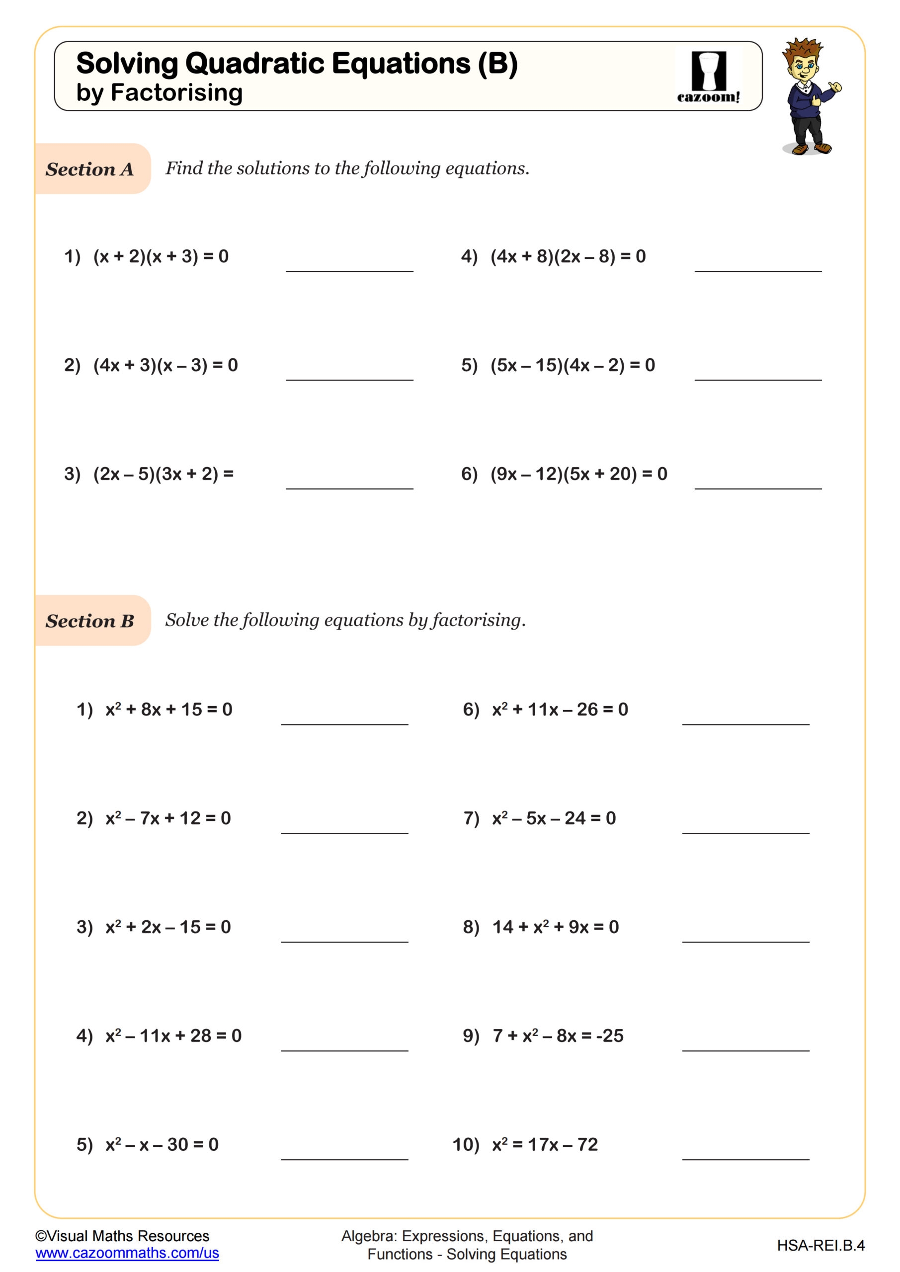 Solving Quadratic Equations B By Factoring Worksheet Algebra I PDF Worksheets Cazoom Math