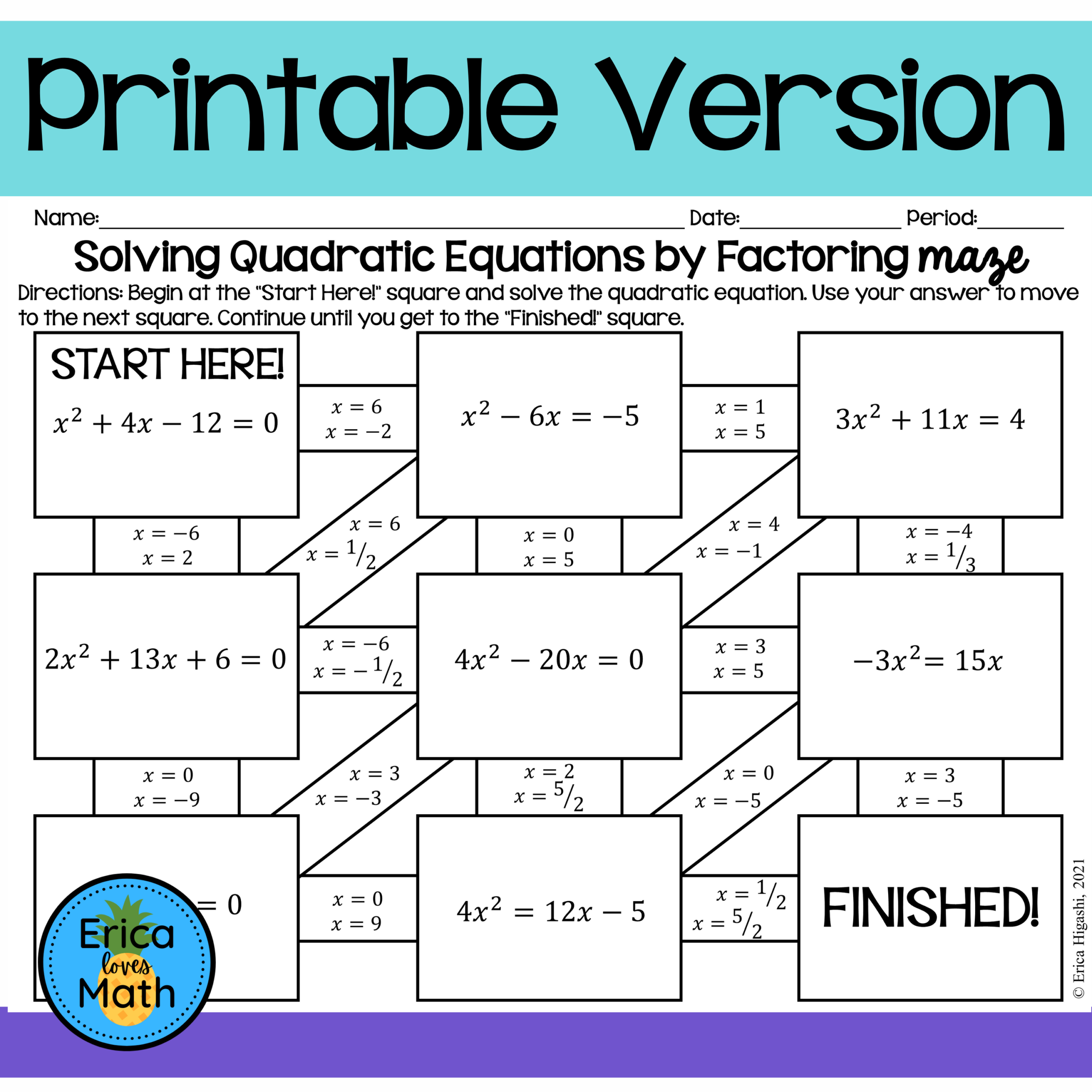solving quadratic equations by factoring worksheet