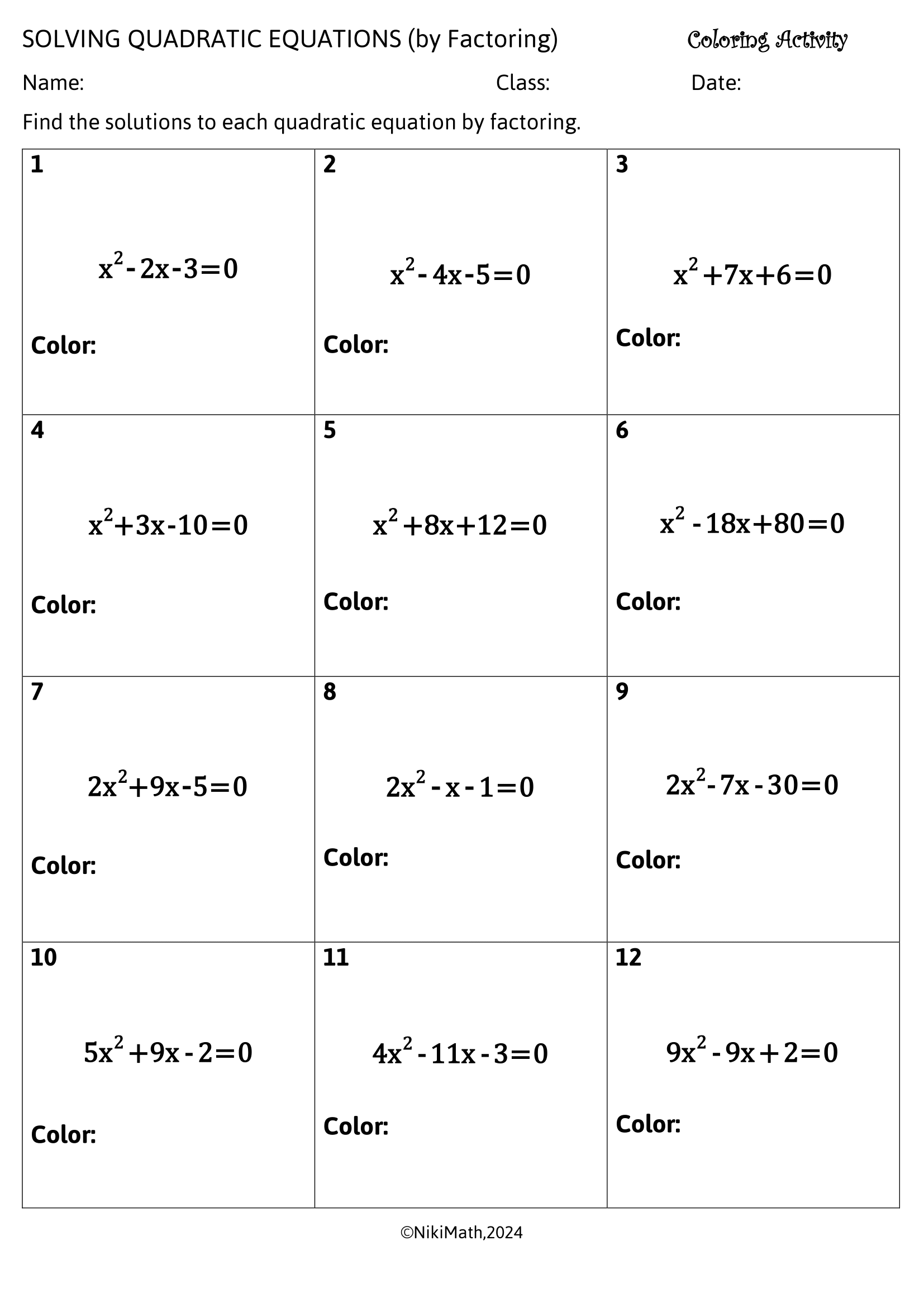 quadratic equations solve by factoring worksheet