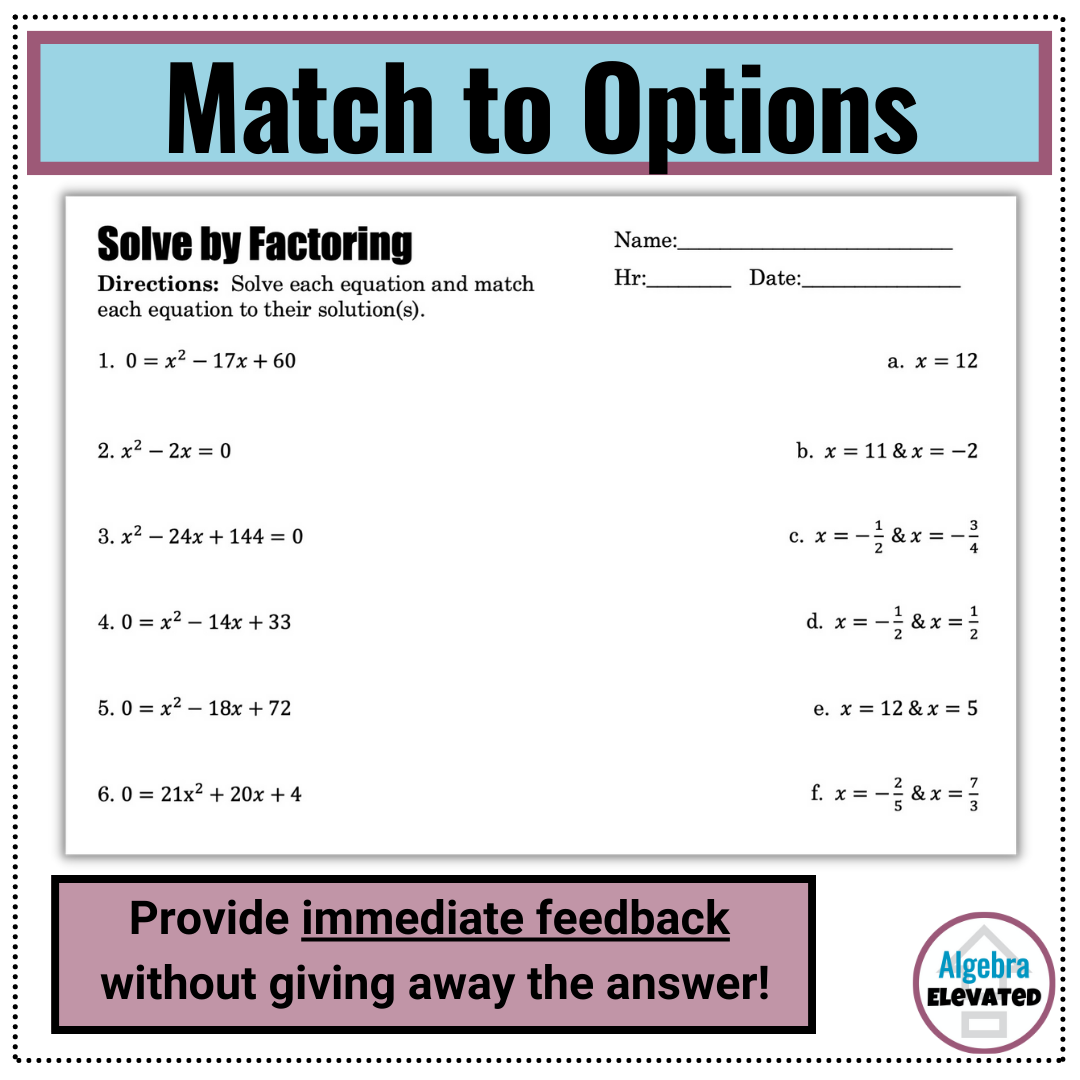 Solving Quadratic Equations By Factoring Matching Worksheet Made By Teachers