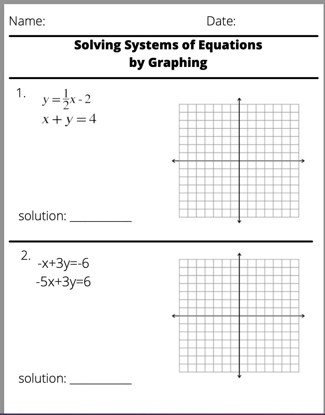 Solving Systems Of Equations By Graphing Worksheet Etsy New Zealand