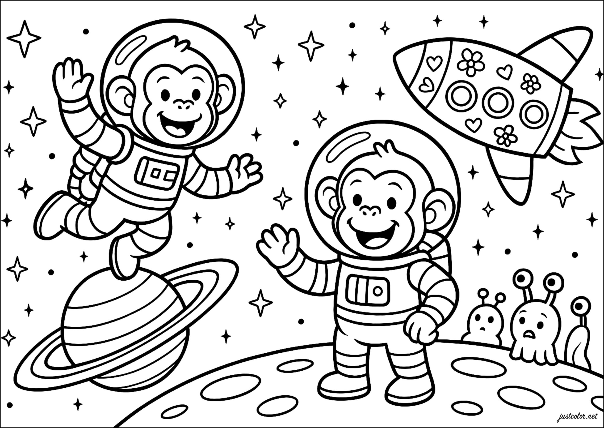 Space Adventures Of The Happy Monkeys Chimpanzees In Space Coloring Pages