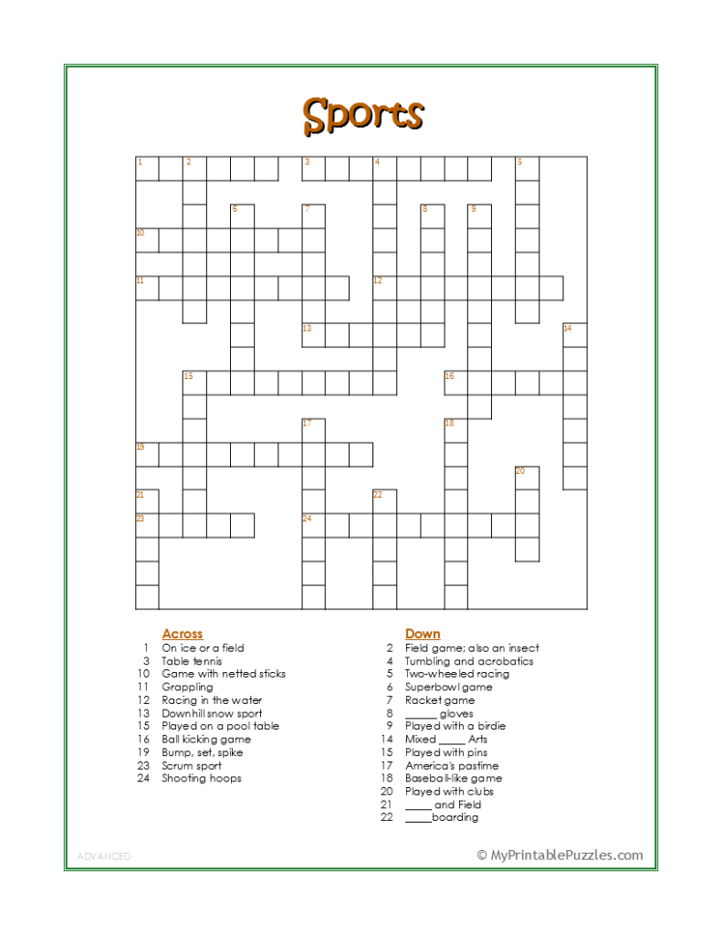 Sports Crossword Puzzle Advanced My Printable Puzzles Sports Crossword Puzzle Advanced My Printable Puzzles