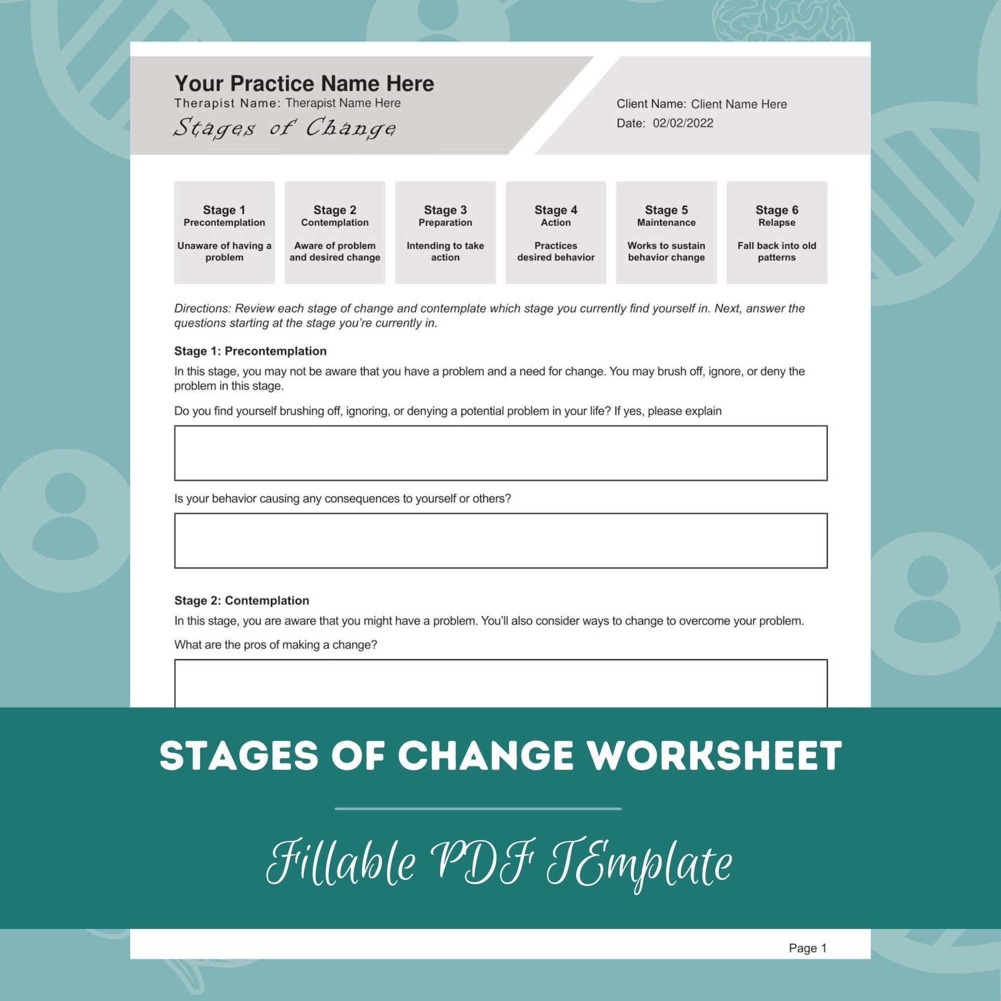 Stages Of Change Worksheet Editable Fillable PDF Template For Counselors Psychologists Therapists Etsy Israel