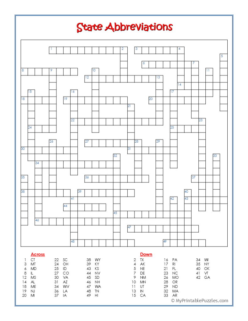 State Abbreviations Crossword Puzzle My Printable Puzzles