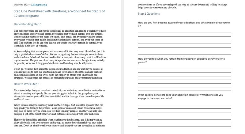 Step 1 Worksheet With Questions Free PDF Download Print 12 Steppers