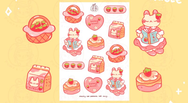 Strawberry Bunny part Two Sticker Sheet Printable DIGITAL File Printable Stickers Cute Planner Stickers Journal Kawaii Stickers Etsy