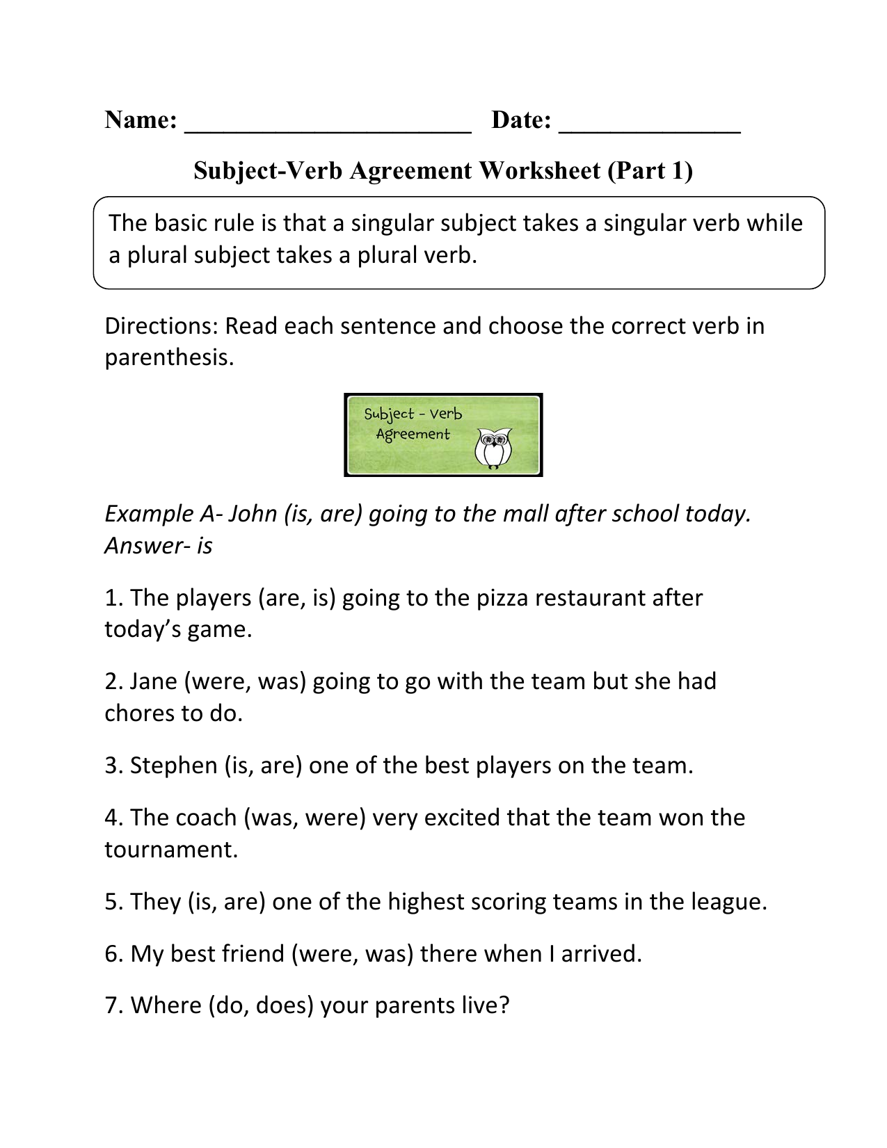 subject verb agreement worksheets