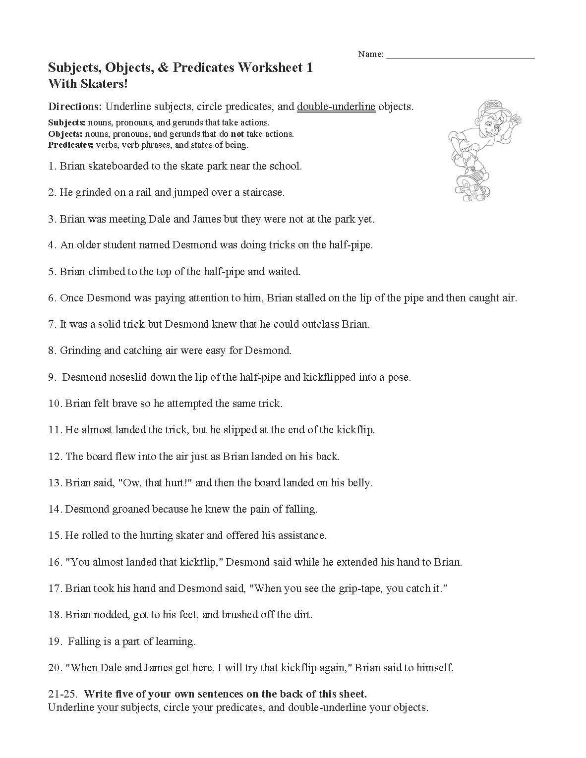 Subjects Objects And Predicates With Skaters Worksheet Sentence Structure Activity
