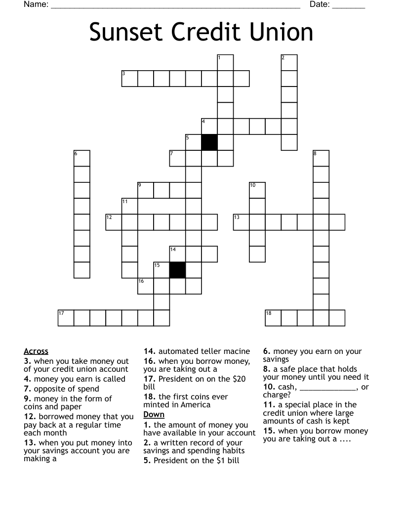 Sunset Credit Union Crossword WordMint Sunset Credit Union Crossword WordMint