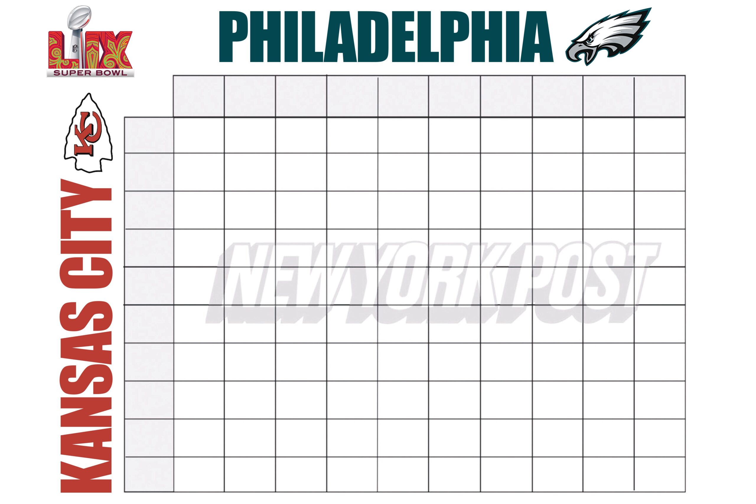 Super Bowl 2025 Squares Printable Boxes Template For Chiefs Vs Eagles New York Post Super Bowl 2025 Squares Printable Boxes Template For Chiefs Vs Eagles New York Post
