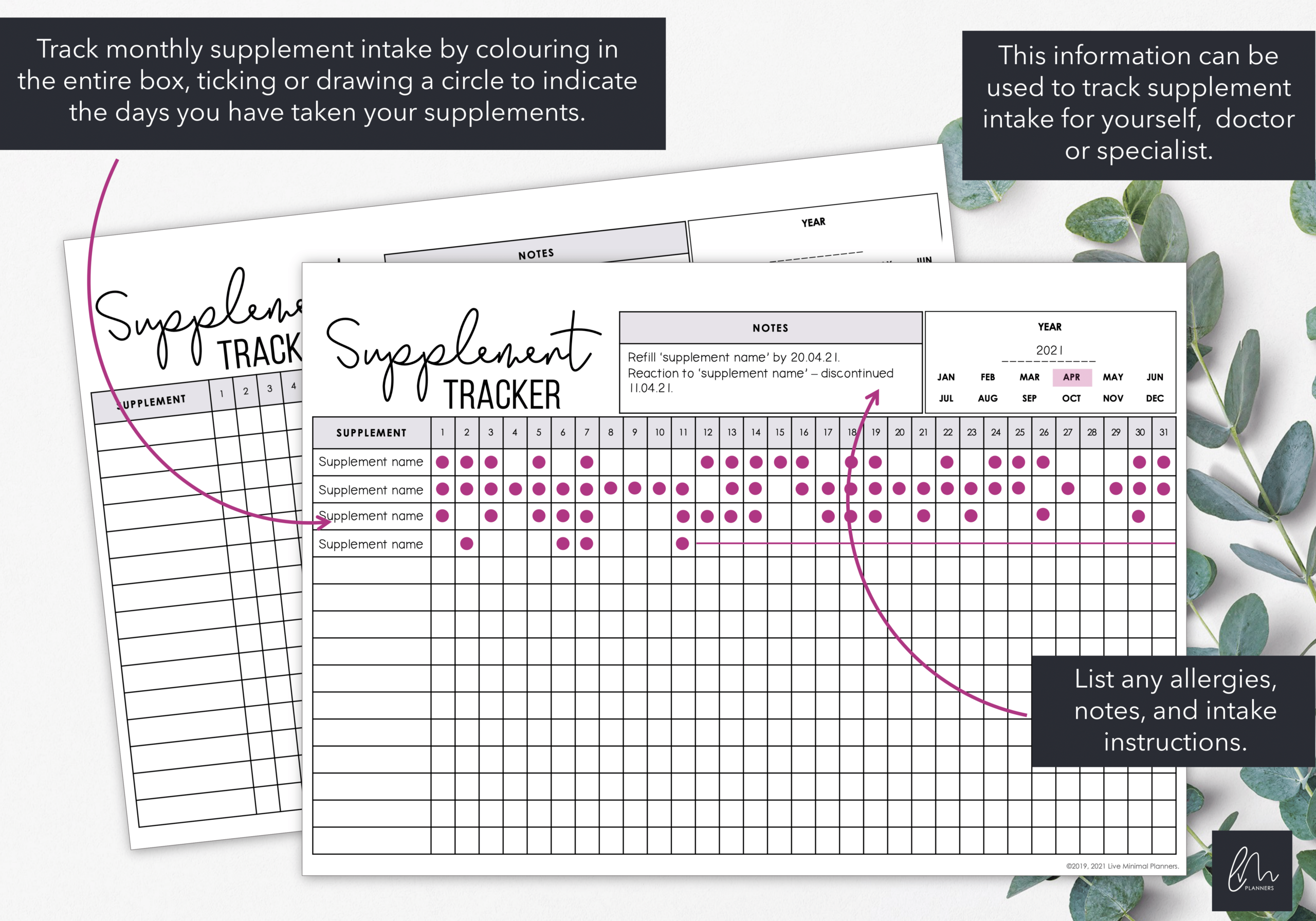 Supplement Tracker Instant Download Live Minimal