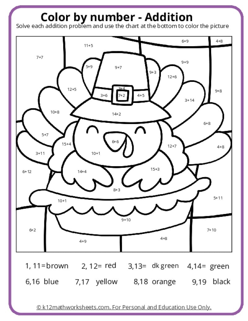 Thanksgiving Color By Number Pages K12 Math Worksheets Thanksgiving Color By Number Pages K12 Math Worksheets