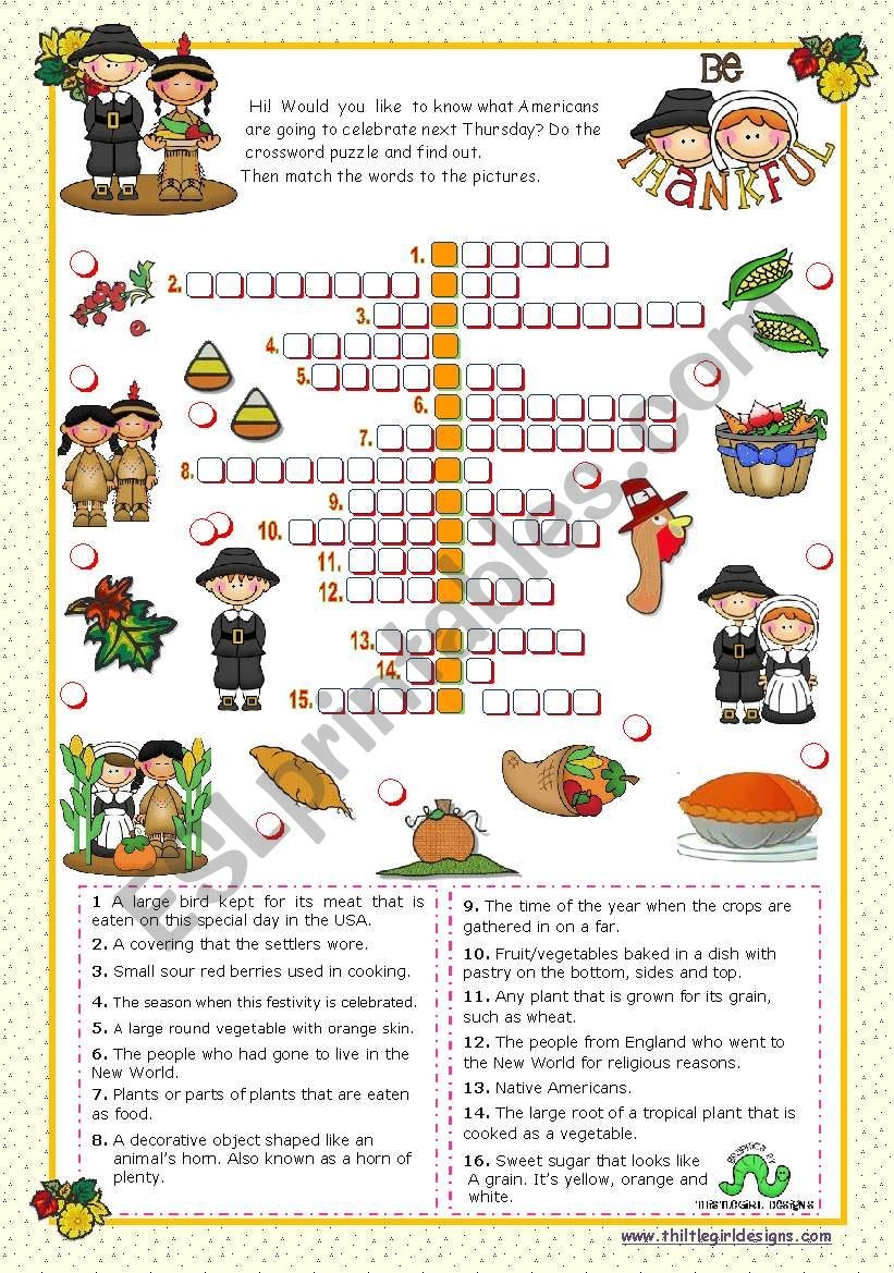 Thanksgiving Crossword Puzzle ESL Worksheet By Mena22