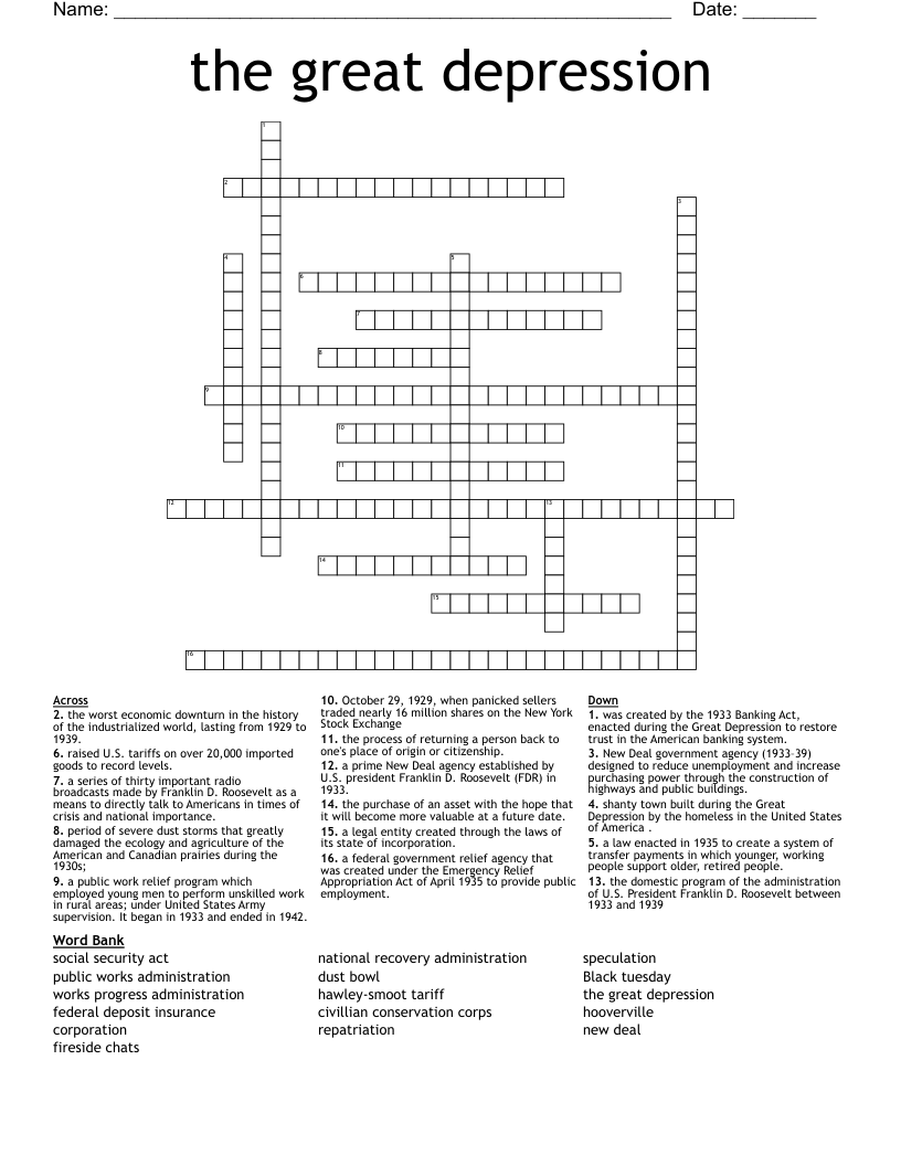 The Great Depression The New Deal Crossword WordMint The Great Depression The New Deal Crossword WordMint