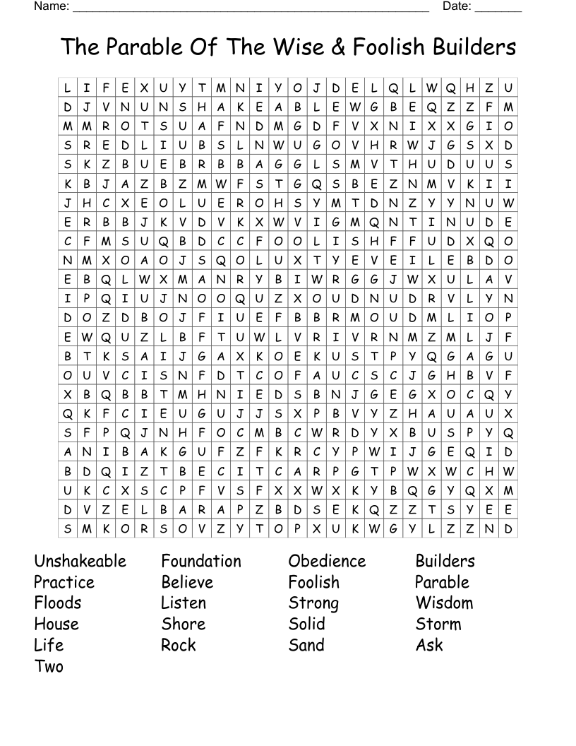 The Parable Of The Wise Foolish Builders Word Search WordMint