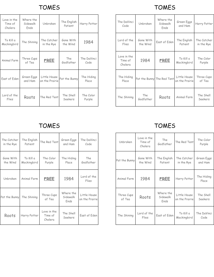 TOMES Bingo Cards WordMint