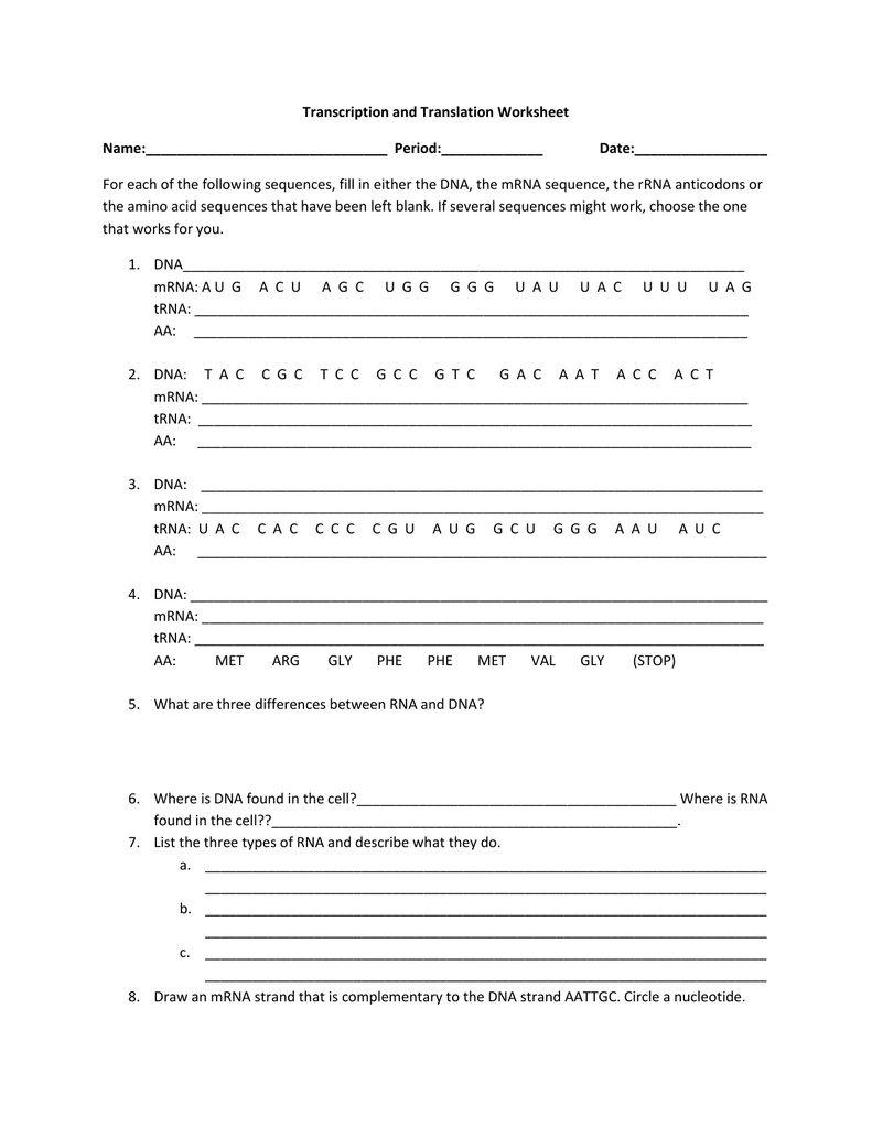 Transcription And Translation Worksheet DNA Transcription And Translation Worksheet DNA