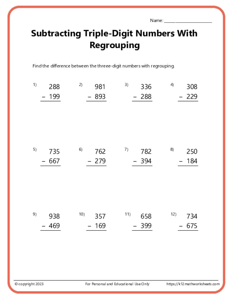 Triple Digit Subtraction With Regrouping Worksheets Triple Digit Subtraction With Regrouping Worksheets