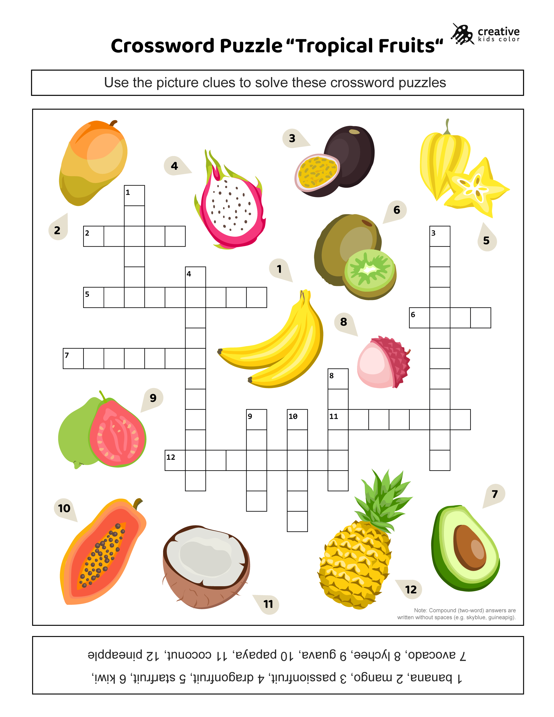 Tropical Fruits Crossword Puzzle Free Printable PDF 