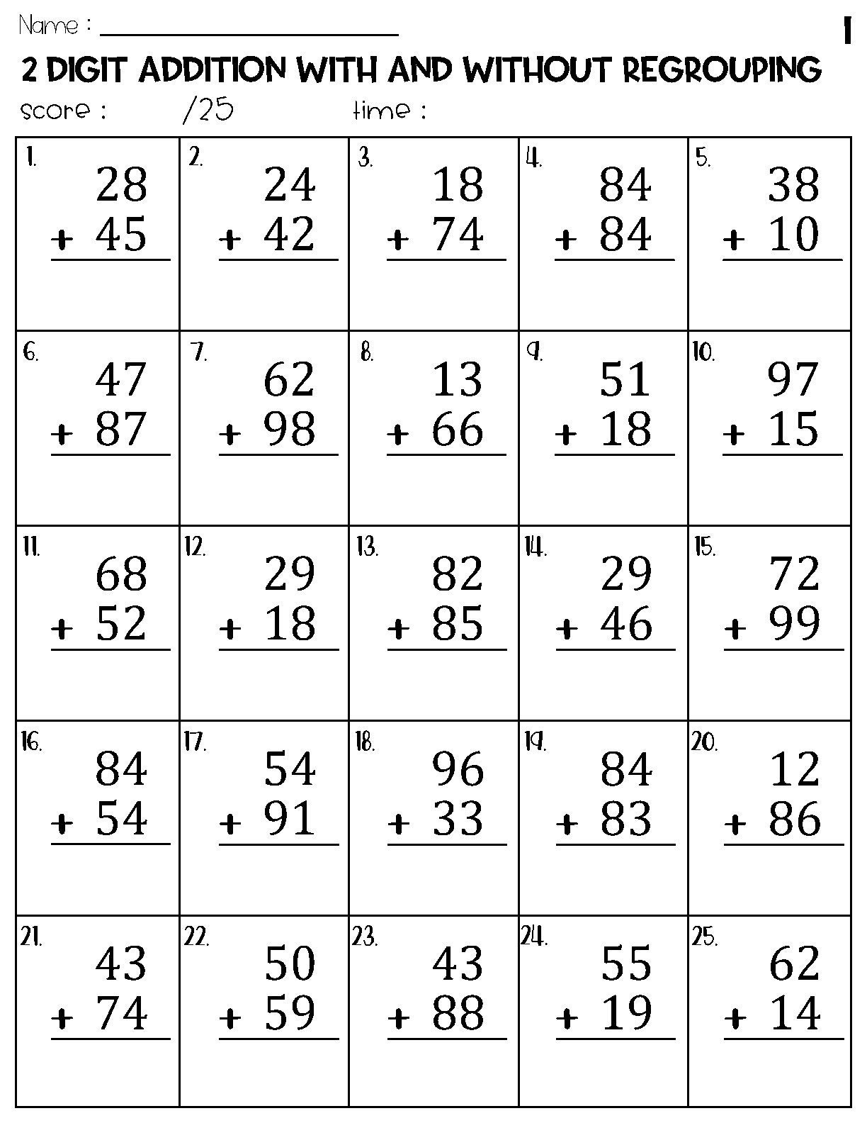 Two Digit Addition With And Without Regrouping Worksheets Etsy