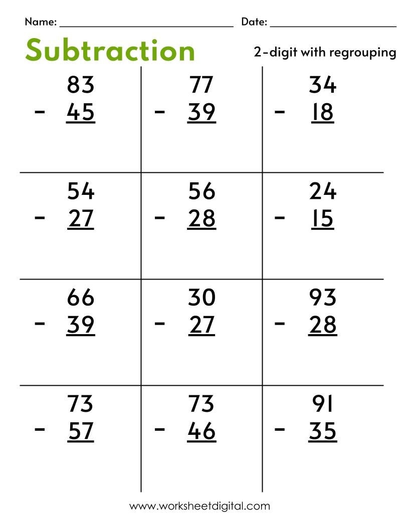 Two Digit Subtraction Worksheets With Regrouping PDF Etsy