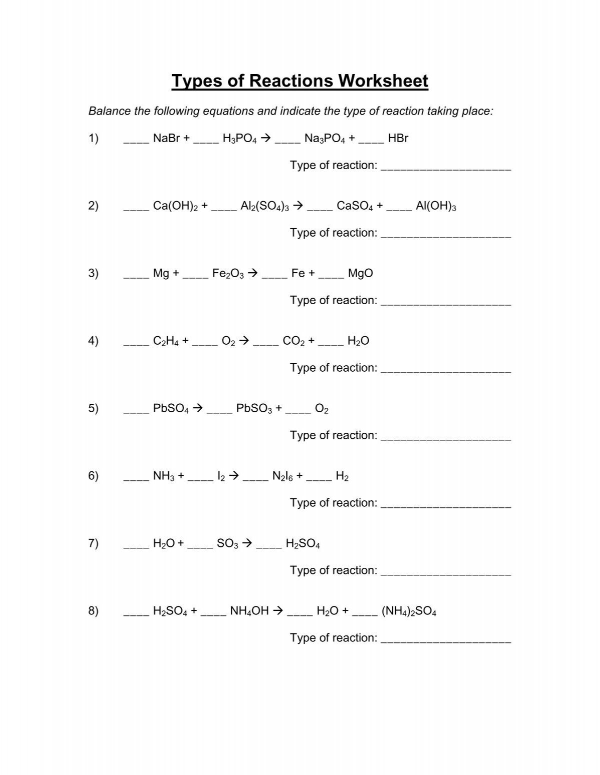 Types Of Reactions Worksheet Types Of Reactions Worksheet
