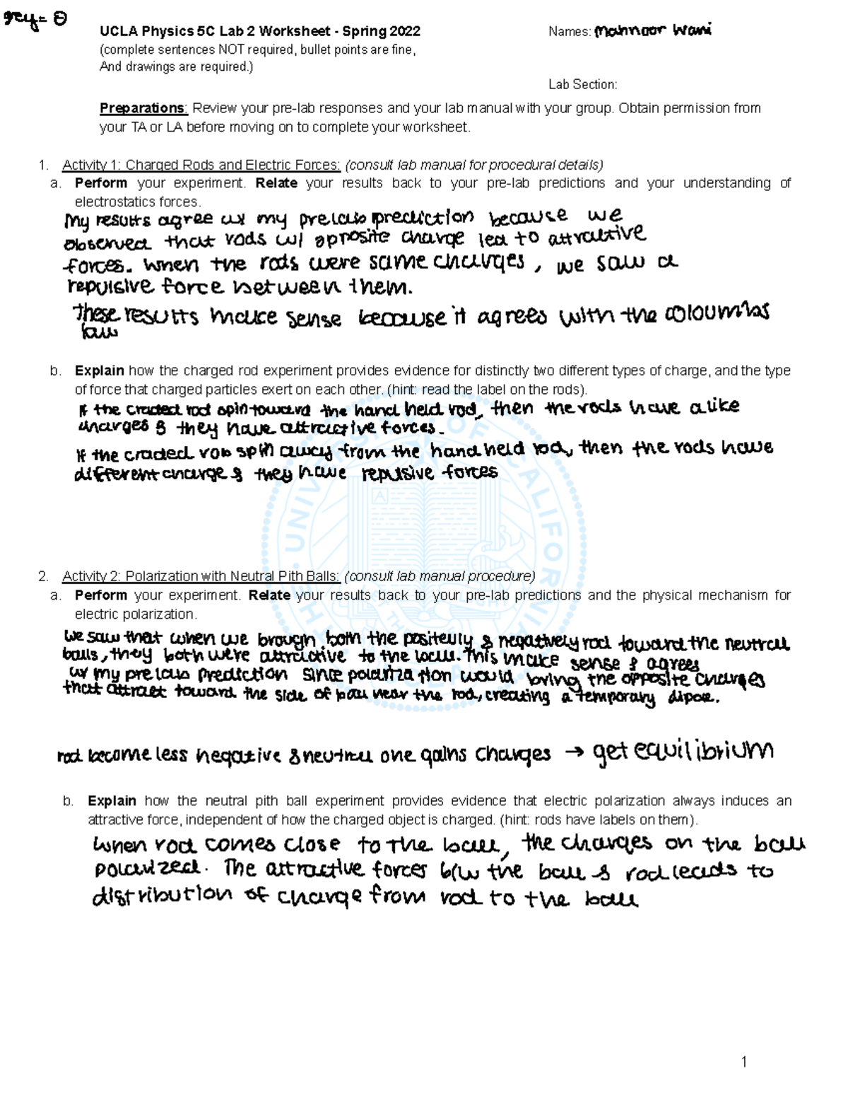 UCLA Physics 5C Lab 2 Worksheet Electric Forces Polarization Studocu