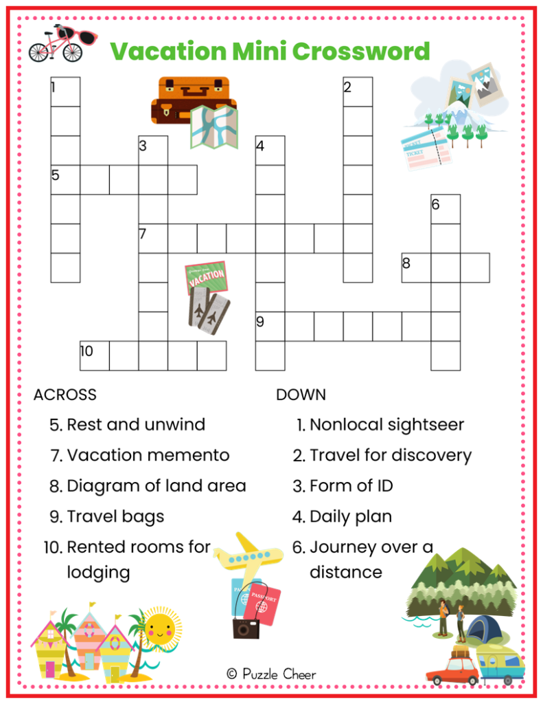 Vacation Mini Crossword Puzzle Puzzle Cheer