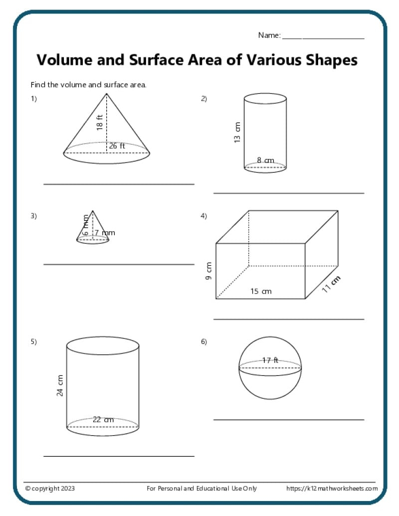 Volume And Surface Area Of Various Shapes K12 Math Worksheets Volume And Surface Area Of Various Shapes K12 Math Worksheets
