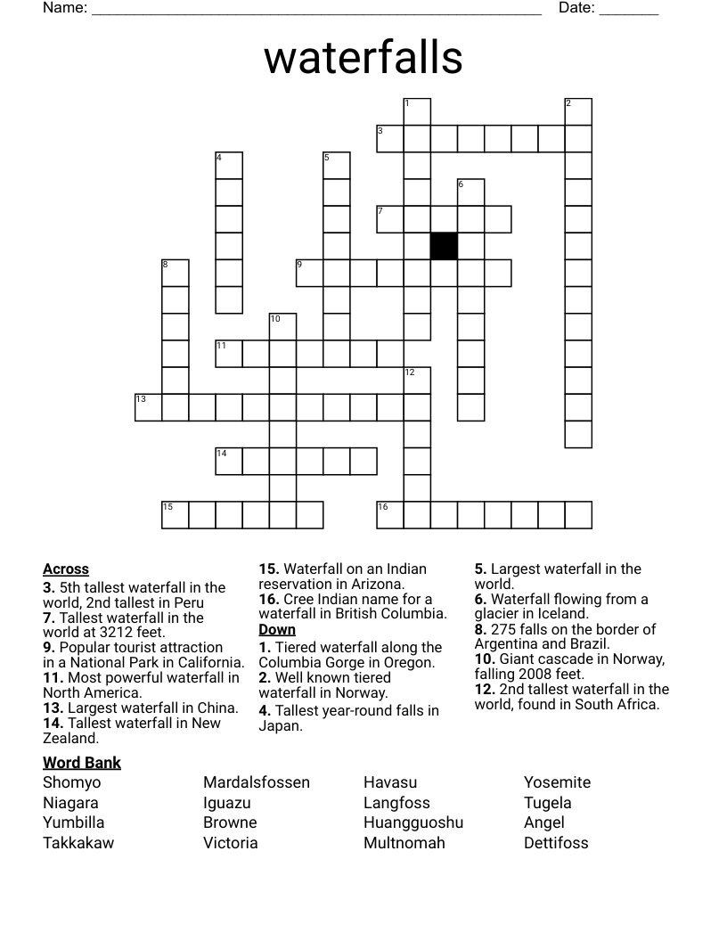 Waterfalls Crossword WordMint Waterfalls Crossword WordMint