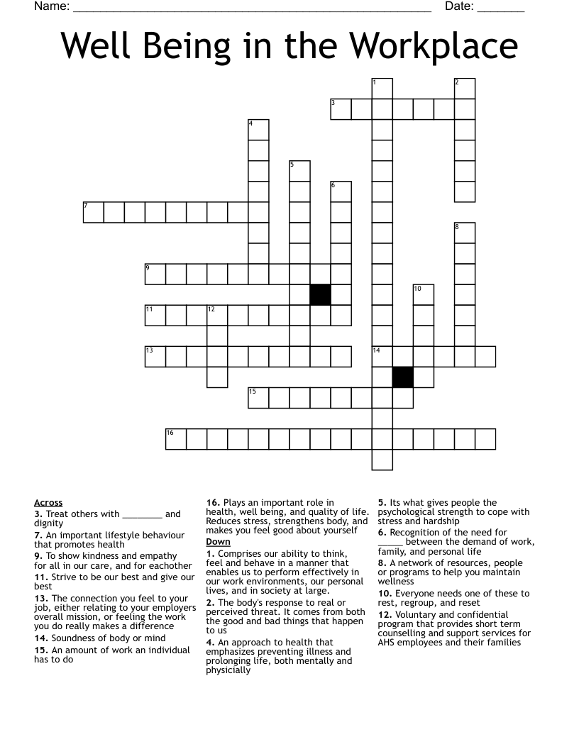 Well Being In The Workplace Crossword WordMint